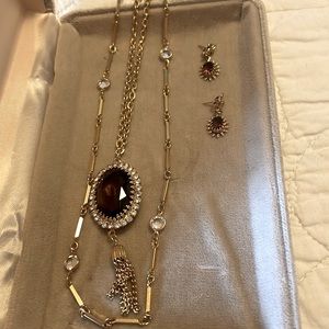 VINTAGE;LARGE TOPAZ STONE & WHITE CRYSTAL ON 3 CHAIN NECKLACE with EARRINGS EUC